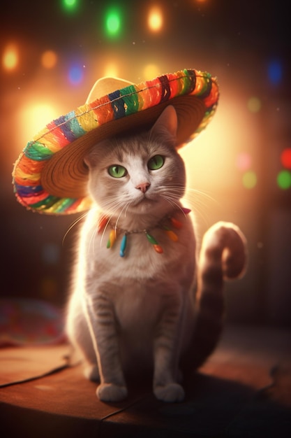 A cat wearing a sombrero and a yellow hat