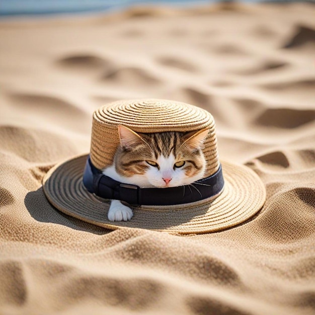 a cat wearing a straw hat is laying in the sand