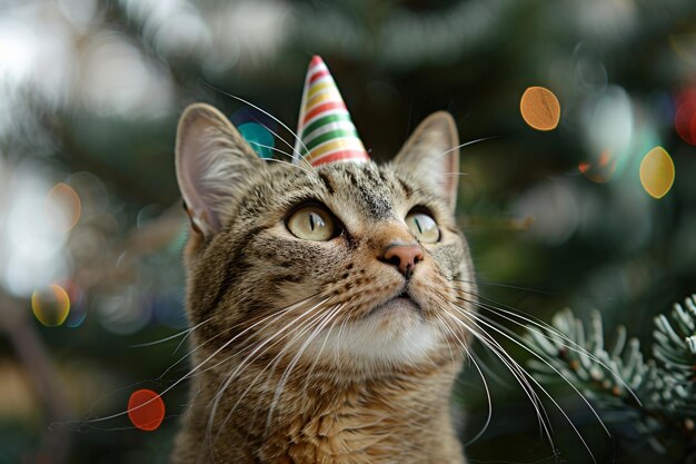 Photo cat wearing striped party hat looking up at christmas lights funny pet animal portrait