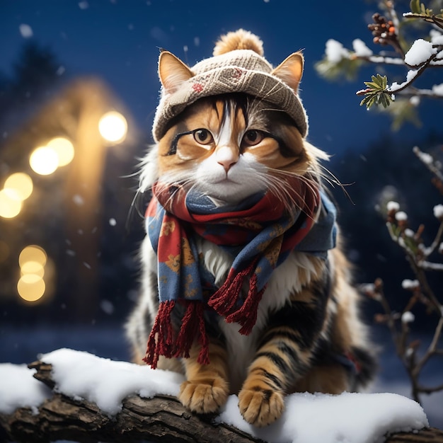 Cat wearing a stylish hat and a cozy scarf stands atop a snowcovered tree branch Ai Generated