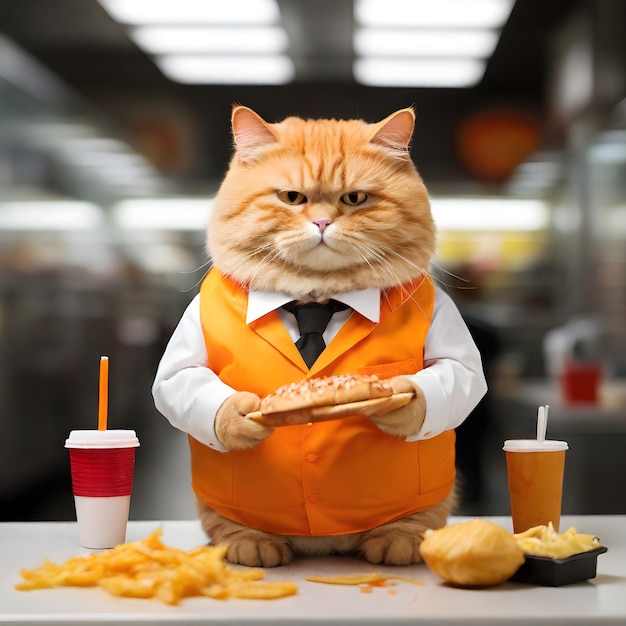 a cat wearing a suit and tie is holding a plate of food and a cup of soda