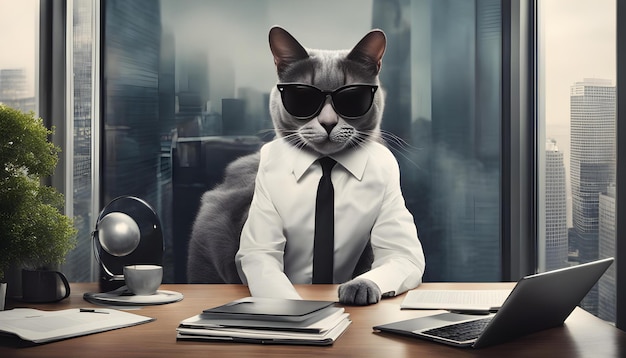 Photo a cat wearing a suit and tie sits at a desk with a laptop and a book on it