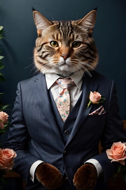 A cat wearing a suit with gorgeous looks