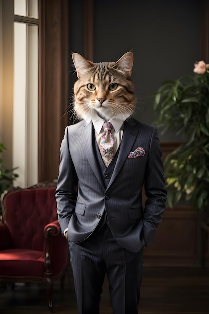 A cat wearing a suit with gorgeous looks