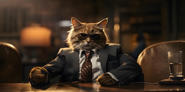 Photo a cat wearing suit with a tie and sunglasses