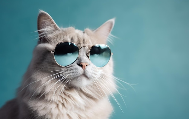 A cat wearing sunglasses and a blue background