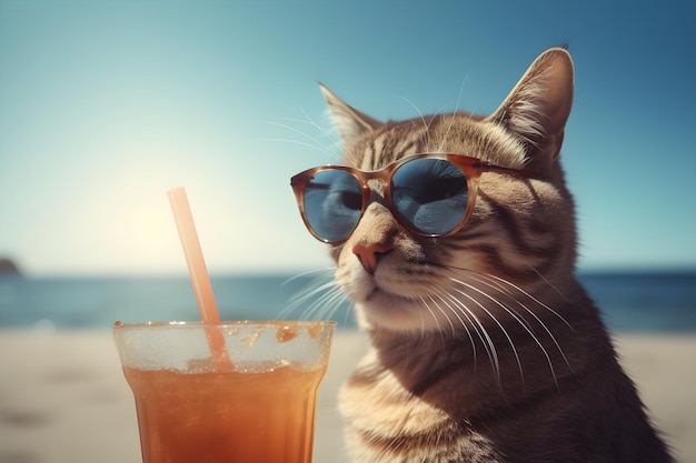 A cat wearing sunglasses and a drink with a straw