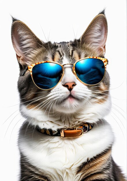 a cat wearing sunglasses and a gold rimmed collar with a gold band