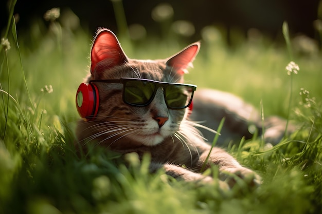 A cat wearing sunglasses and a pair of headphones