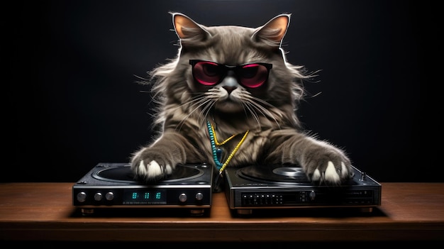 a cat wearing sunglasses and a pair of red sunglasses is playing a turntable.