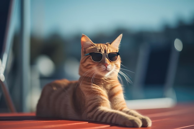 Cat wearing sunglasses relaxing sitting on deckchair generated with AI