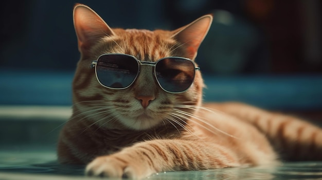 Cat wearing sunglasses rest in the pool on the air mattress generative ai