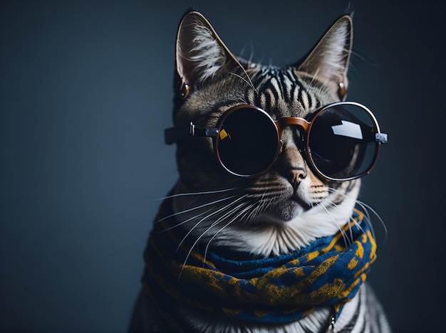 A cat wearing sunglasses and a scarf is wearing a scarf that says'cat '