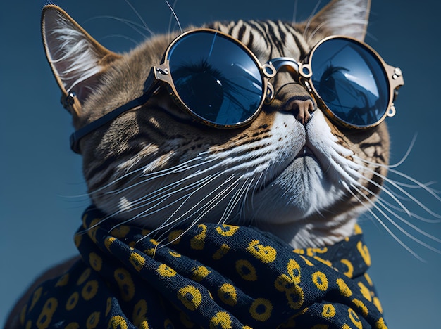 A cat wearing sunglasses and a scarf with the letter g on it