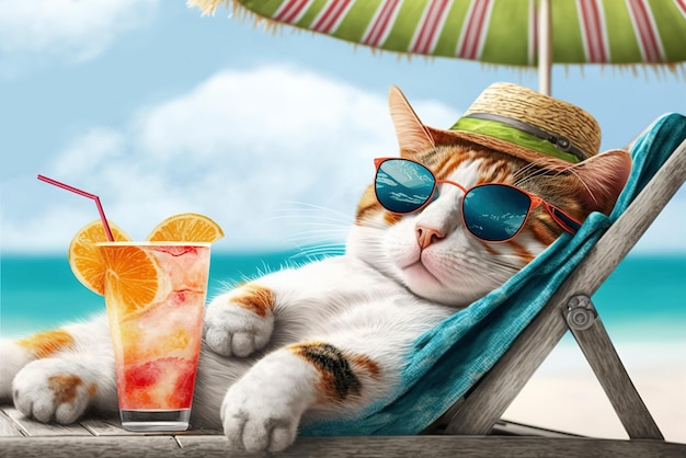 Cat wearing sunglasses on sea beach funny pet with cocktail on vacation generative AI