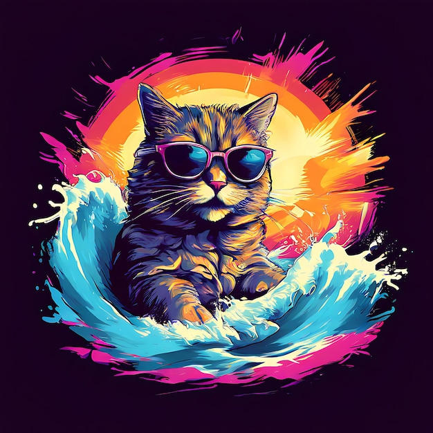 a cat wearing sunglasses sits in a circle of water and has a sun in the background