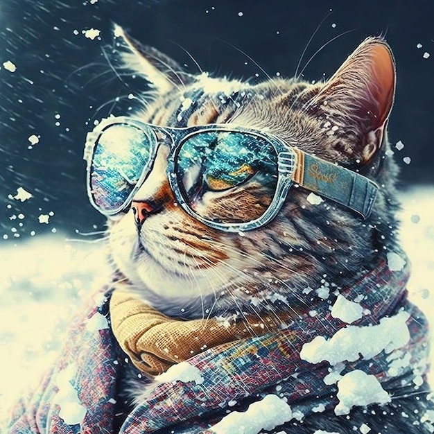 A cat wearing sunglasses in the snow