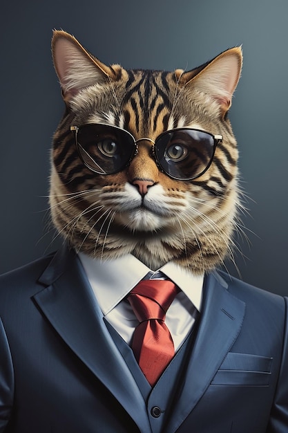 A cat wearing sunglasses and a suit with a tie