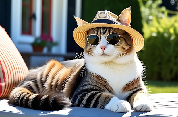 Cat wearing sunglasses and sun hat relaxing on a sunbed next to a country house