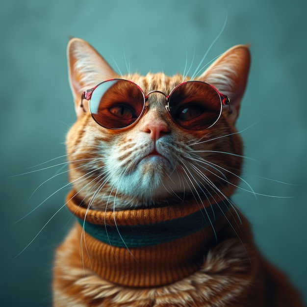 a cat wearing sunglasses and a sweater with a collar that says  goggles