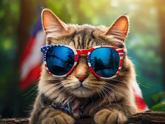 a cat wearing sunglasses with the sun shining behind him