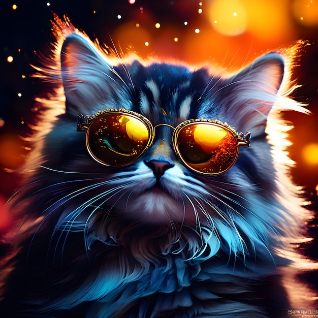 a cat wearing sunglasses with the word cat on it