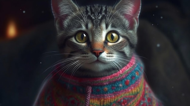 A cat wearing a sweater that says'cat'on it '