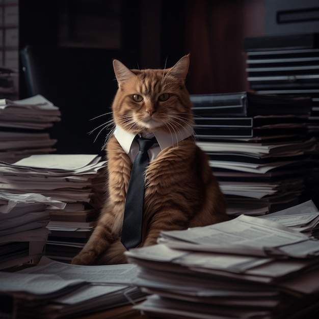 A cat wearing a tie sits in a messy office with a stack of papers.