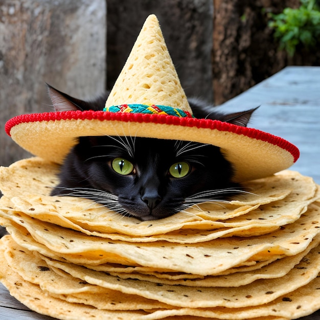 A cat wearing a tiny sombrero lounging on a pile of fluffy tortillas