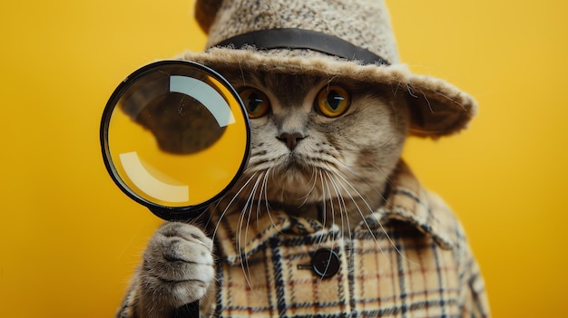 A cat wearing a tweed hat and coat is holding a magnifying glass The cat is looking at the camera with a curious expression