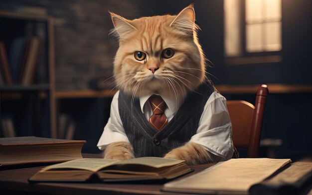 Photo a cat wearing a vest and tie sits on a table with a book titled  the cat is wearing a tie