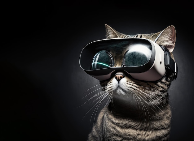 Cat wearing VR headset with augmented reality entertainment Generative AI