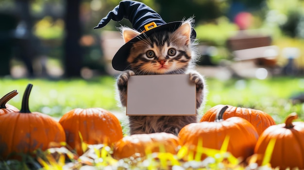 Photo a cat wearing a witch hat holds a sign that says  cat