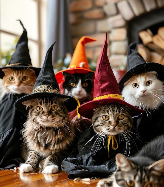 Photo a cat wearing a witch hat sits in front of a pile of wood