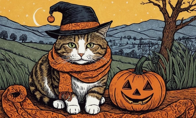 Photo a cat wearing a witch hat sits on a ledge with a pumpkin