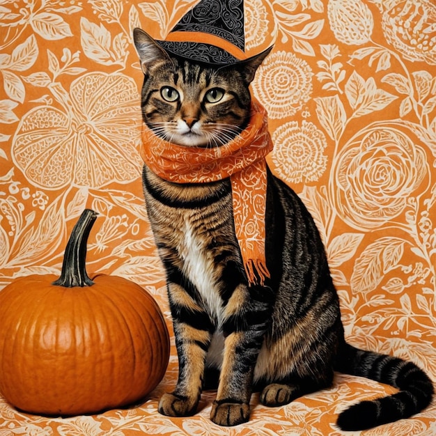 Photo a cat wearing a witch hat sits next to a pumpkin