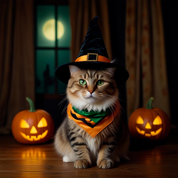 Photo a cat wearing a witch hat sits on a wooden floor