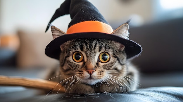 Photo cat wearing a witch hat and sitting on a broomstick cute feline in spooky attire halloween setting