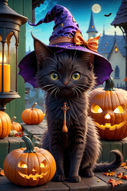 a cat wearing a witch hat and sitting on a wooden bench