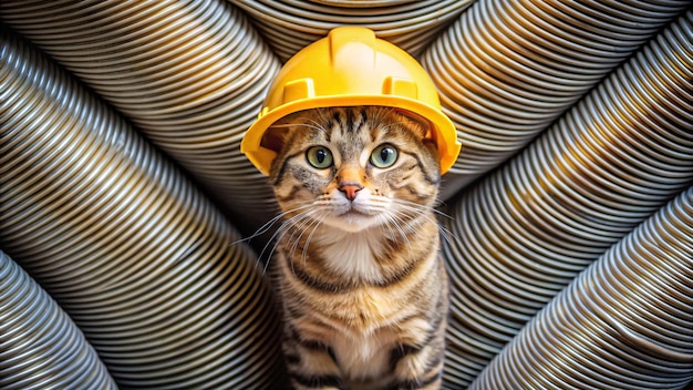 a cat wearing a yellow hard hat is looking up