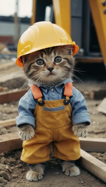 Photo a cat wearing a yellow hard hat and orange overalls stands on a pile of wood