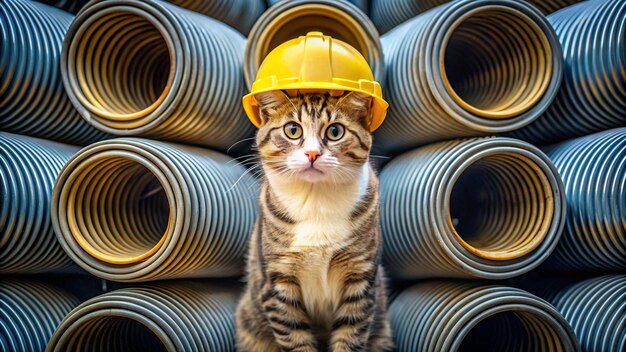 a cat wearing a yellow hard hat sits in a stack of cans