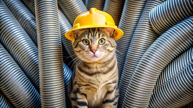 Photo a cat wearing a yellow hard hat sits in a stack of pipes