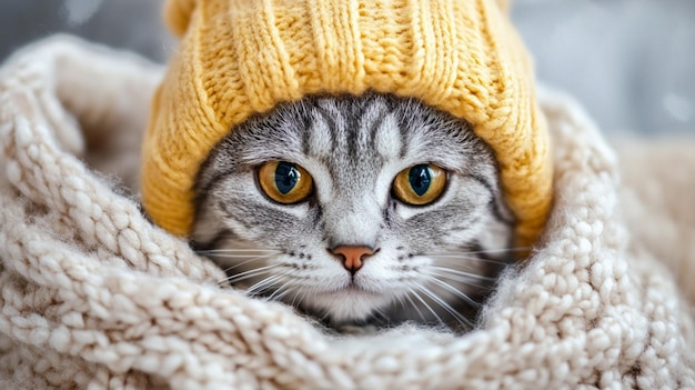 a cat wearing a yellow knitted hat is laying on a blanket