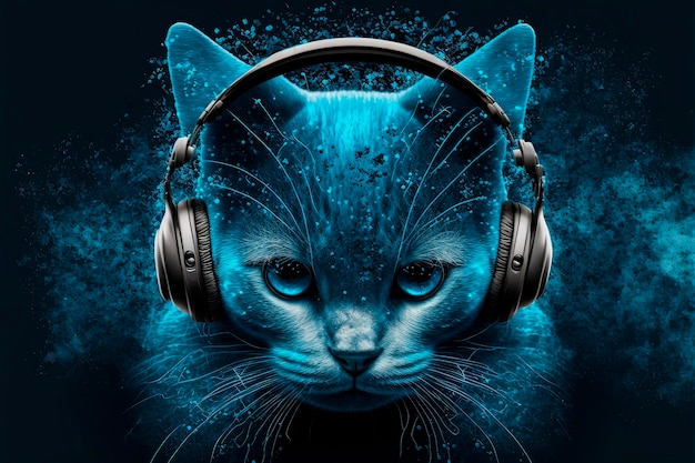 Cat Wears Headphones Neon Blue Tone