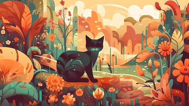 A cat in whimsical garden with colorful flowers digital art illustration