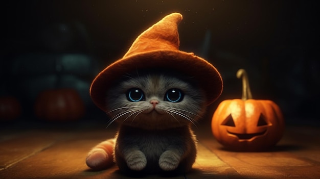 A cat in a witch hat sits in front of a pumpkin