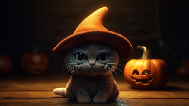 A cat in a witch hat sits in front of a pumpkins.