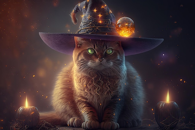 A cat in a witch hat with a glowing light on it.