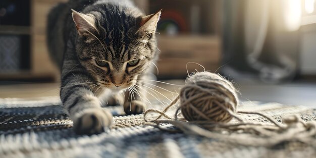 Photo a cat with a ball of yarn on it and a ball of yarn in the background